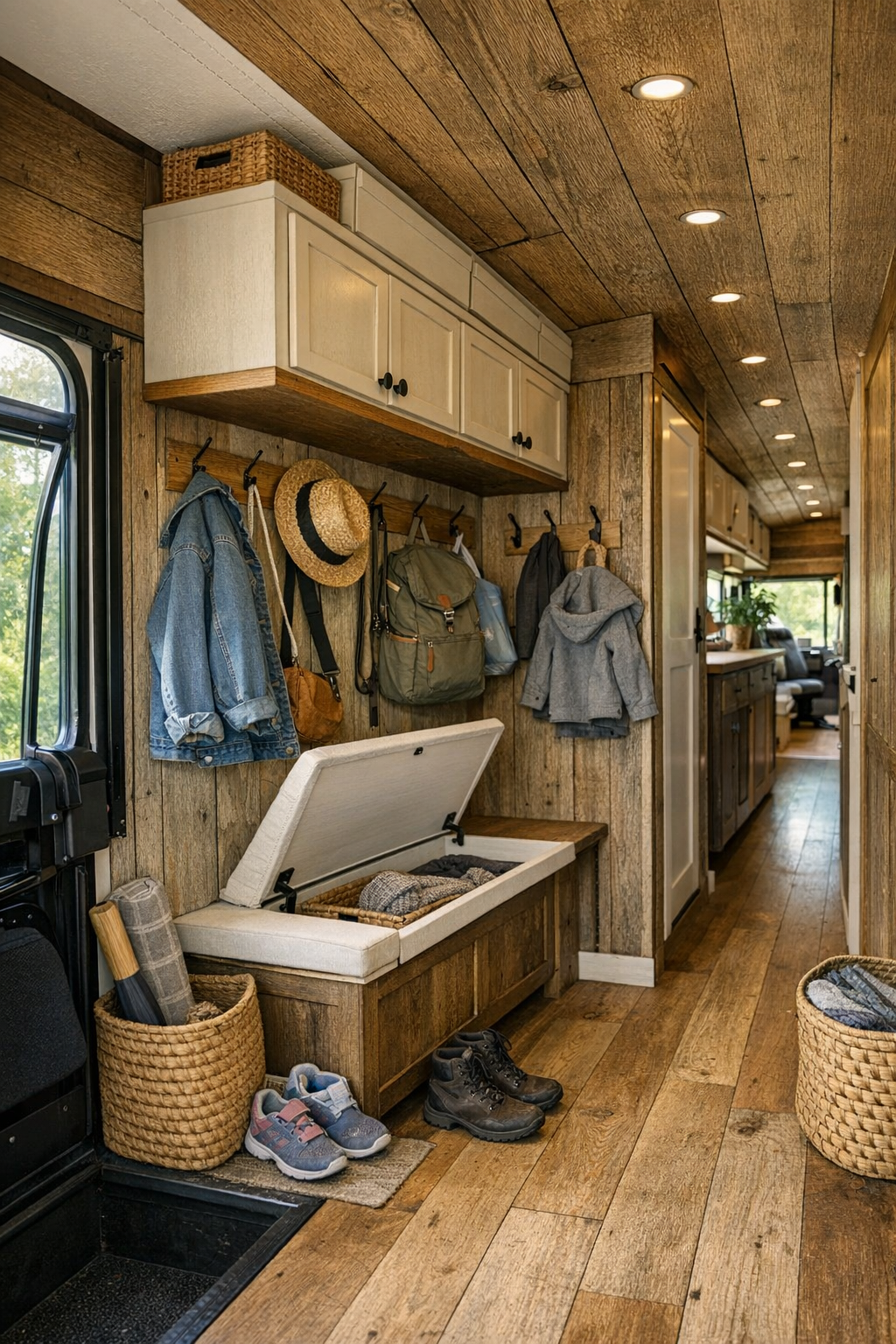 Smart entry and storage area inside the converted bus with hooks and built-in cabinetry