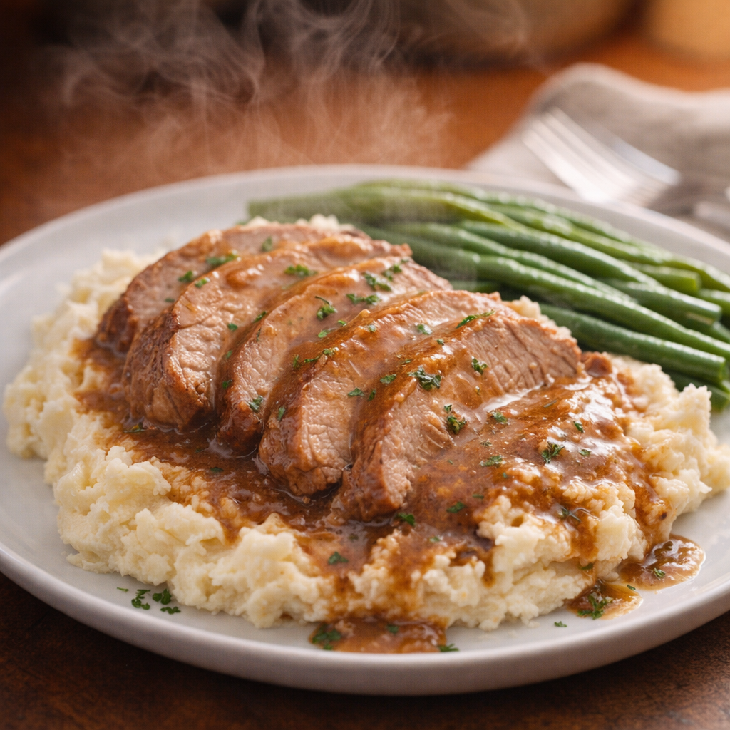 Sliced pork roast with gravy over mashed potatoes