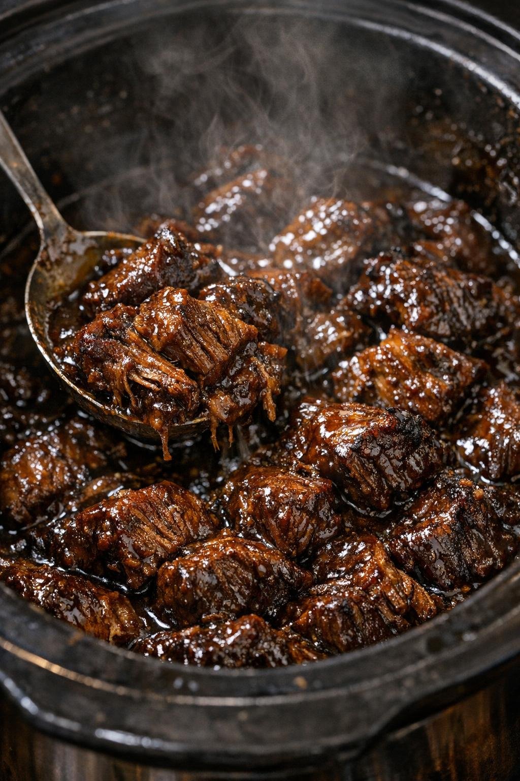 Slow cooker beef in dark glossy sauce