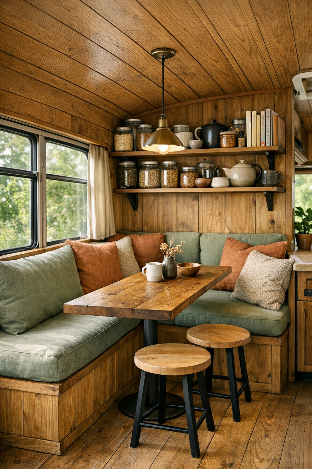 Compact dining nook in a converted bus with a built-in banquette and wood table