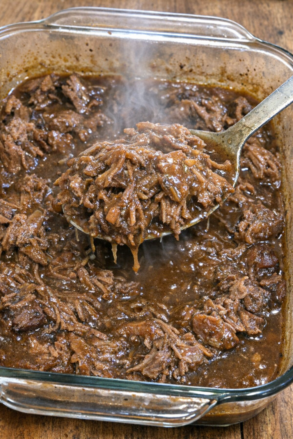 Tender pulled beef in brown gravy in a glass casserole dish