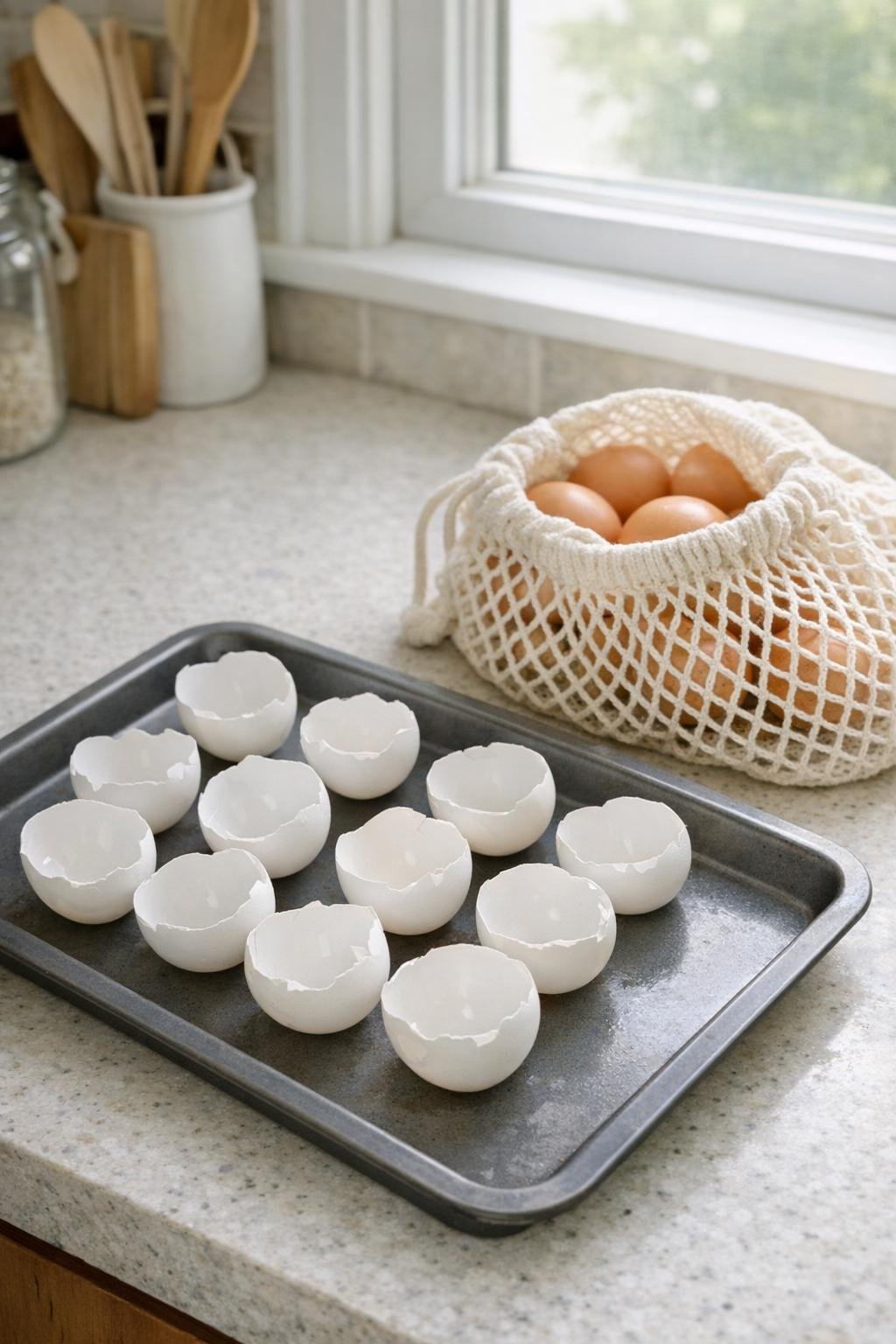 Rinsed eggshells drying before being stored in a mesh bag