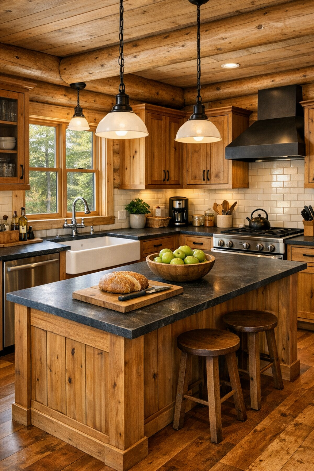 Family-friendly log home kitchen with Amish-built cabinetry, farmhouse sink, and wood island
