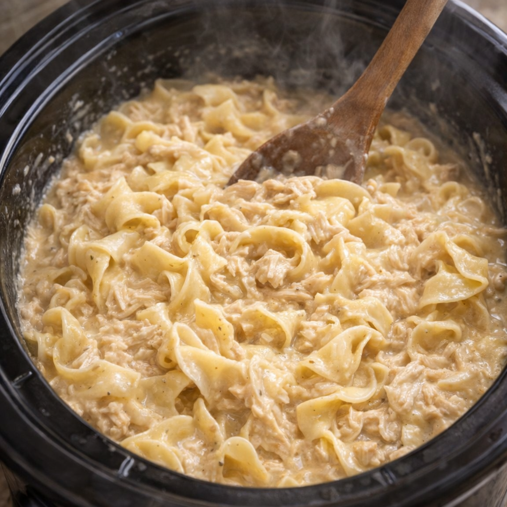 Egg noodles stirred into creamy chicken in the slow cooker