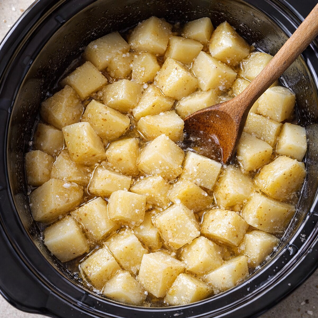 Potatoes being tossed with beef tallow in a slow cooker