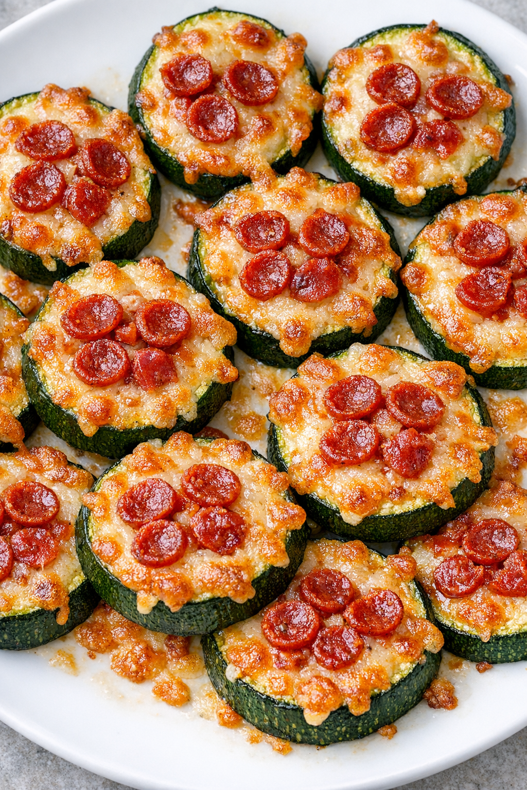 Low carb pepperoni zucchini bites on a white plate
