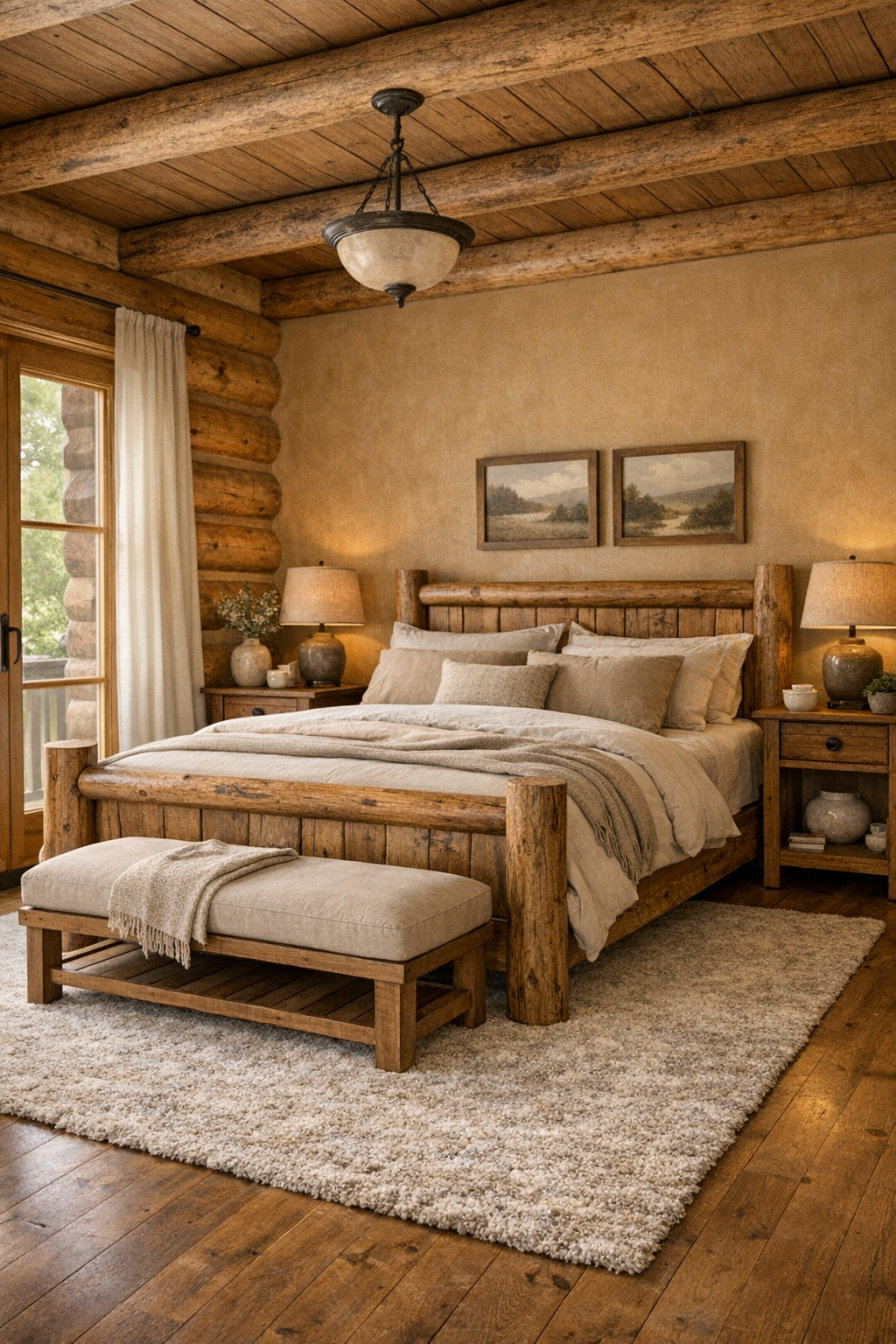 Peaceful log home bedroom with wood bed, layered textiles, and soft natural light