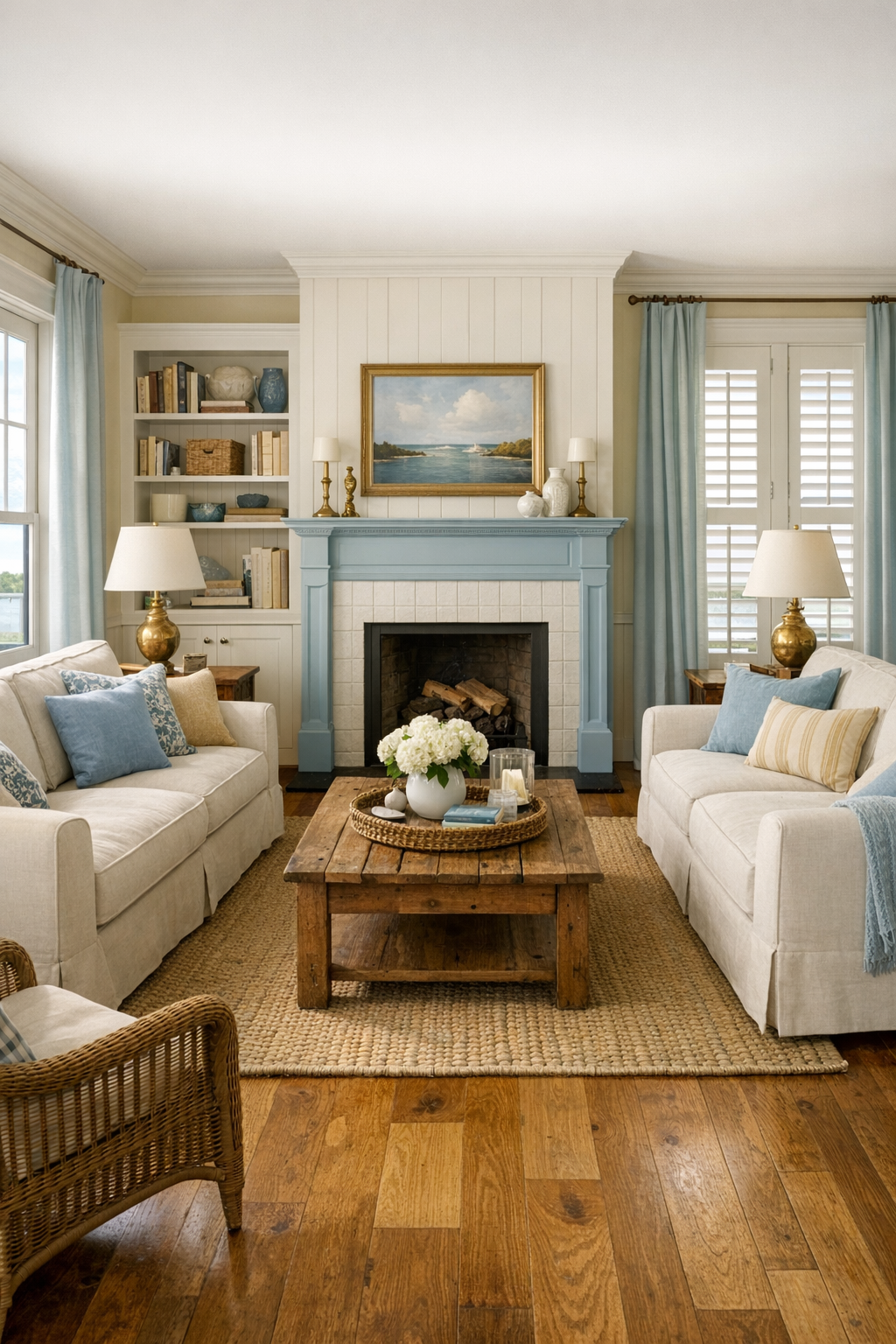Accessible southern colonial houseboat living room with linen sofas, oak floors, and tall windows