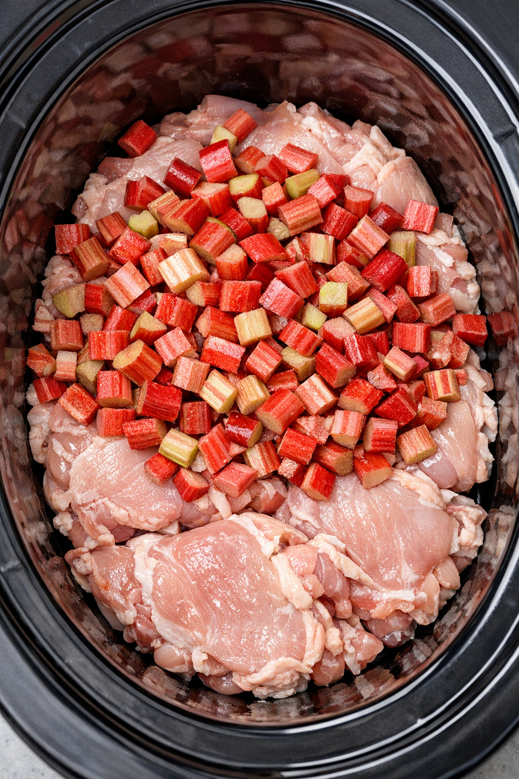 Chicken and rhubarb layered in the slow cooker