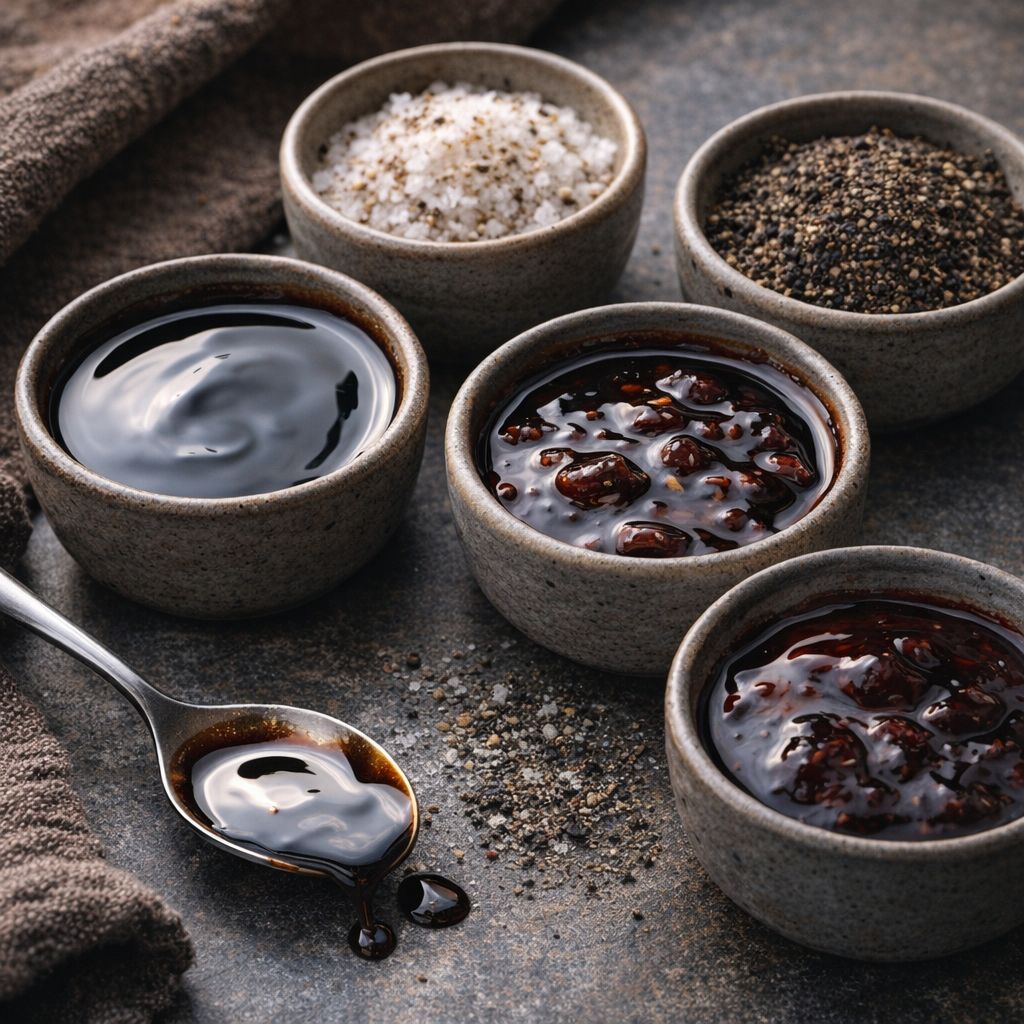Small bowls of balsamic glaze variations and seasonings