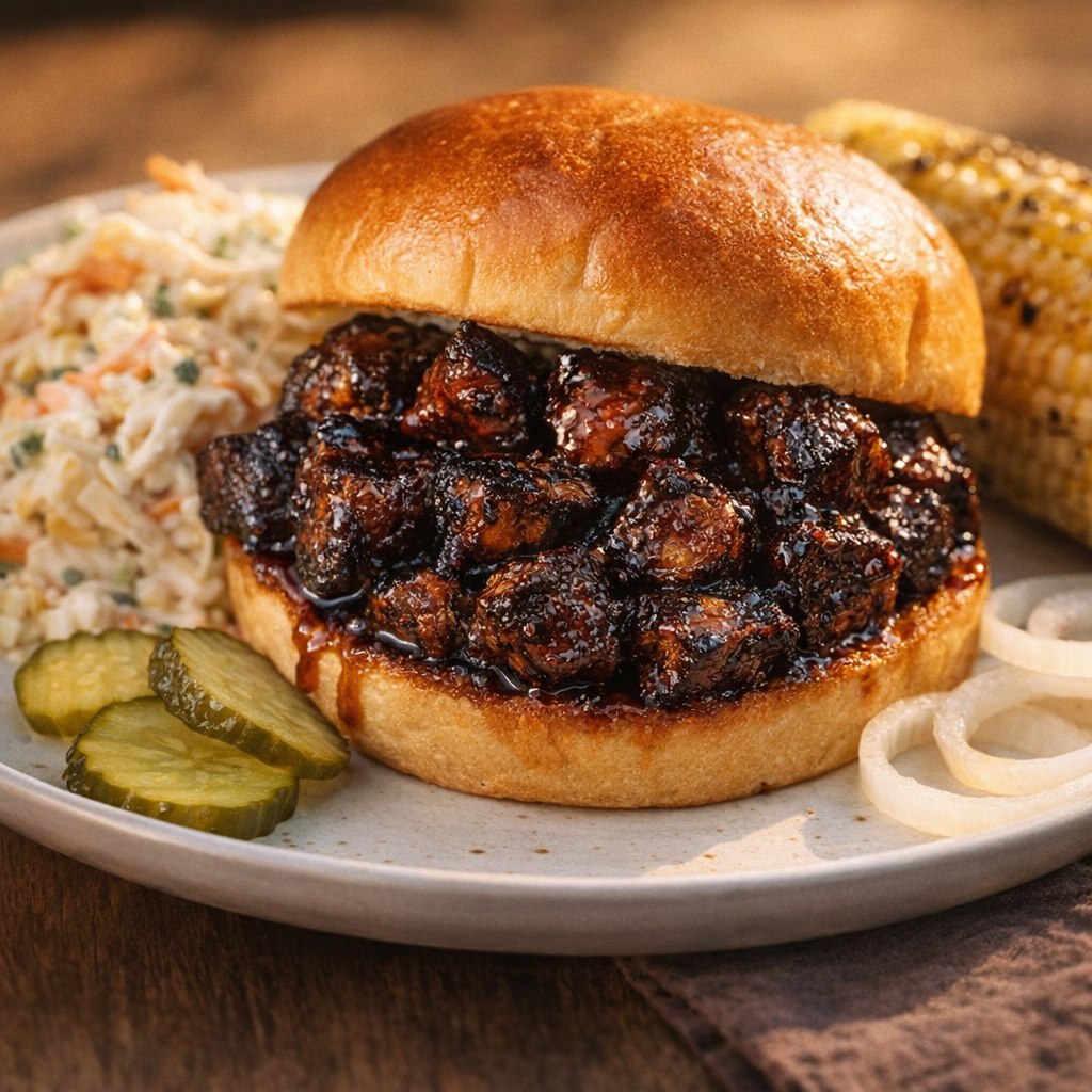 Burnt ends sandwich with summer sides