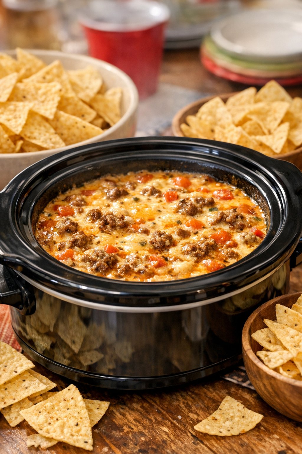 Beef queso dip kept warm in a small slow cooker