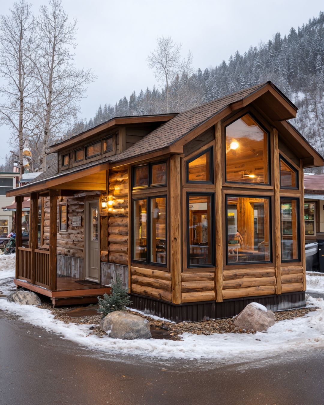 Come inside this rustic winter lodge park model RV decorated with pine ...