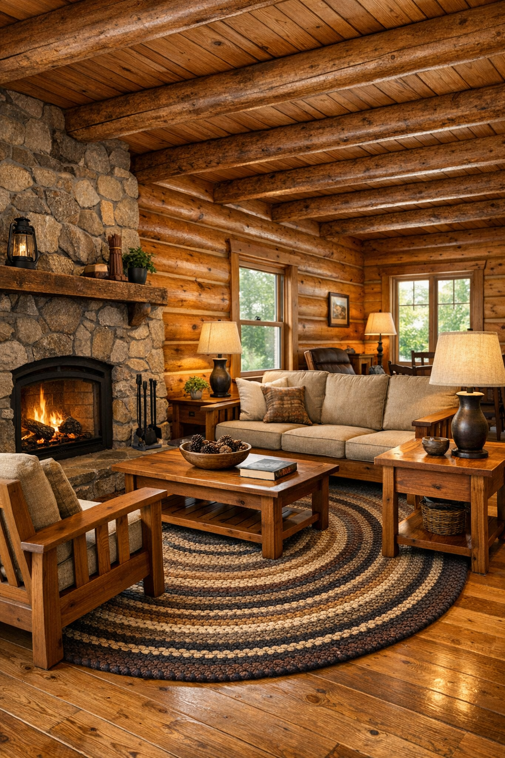 Warm log home living room with exposed beams, stone fireplace, and handcrafted wood furniture
