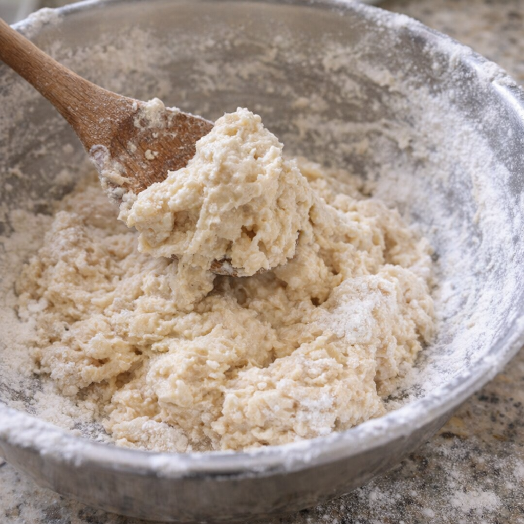 Shaggy dough being mixed in a bowl