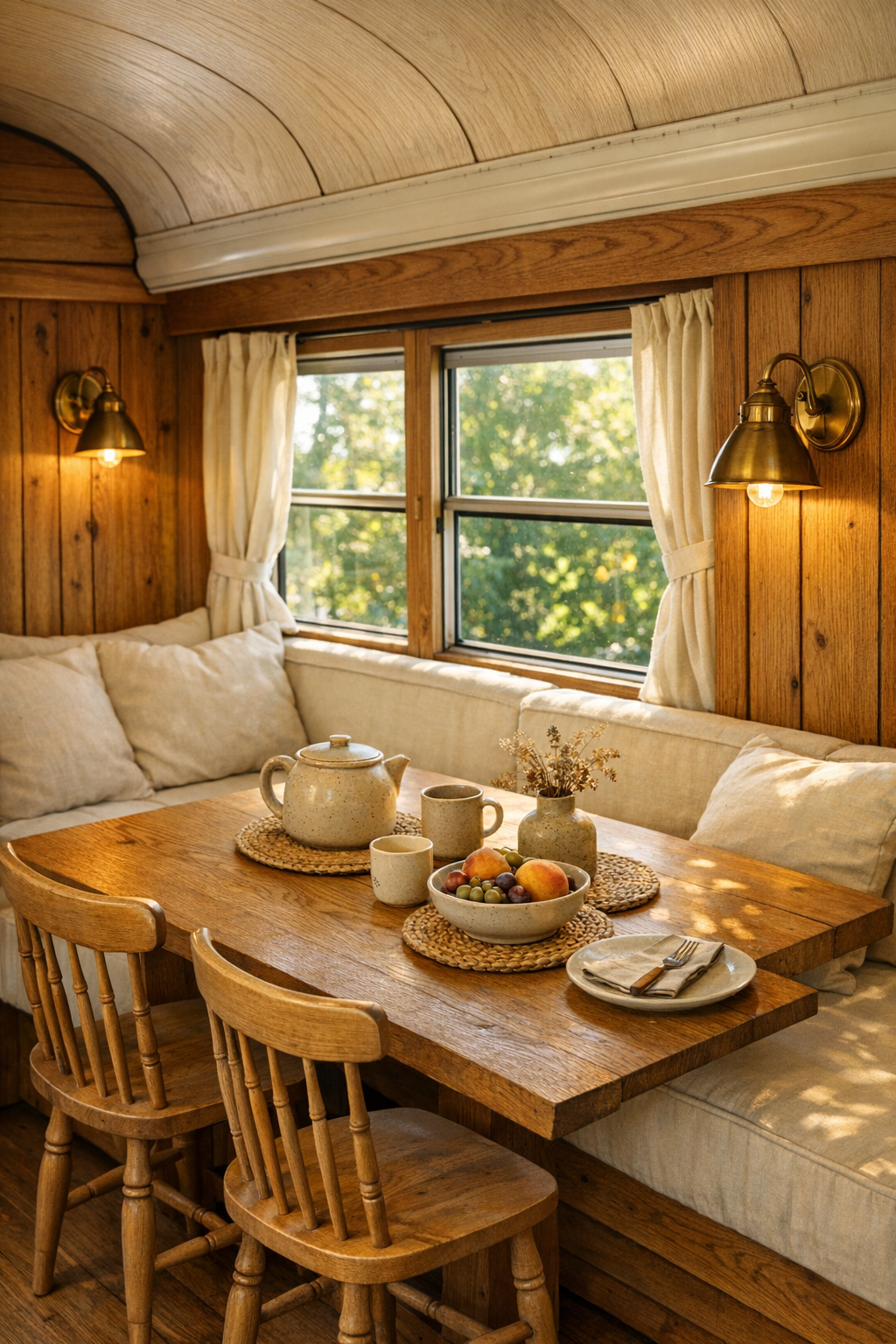 Small rustic bus dining nook with oak table and built-in bench