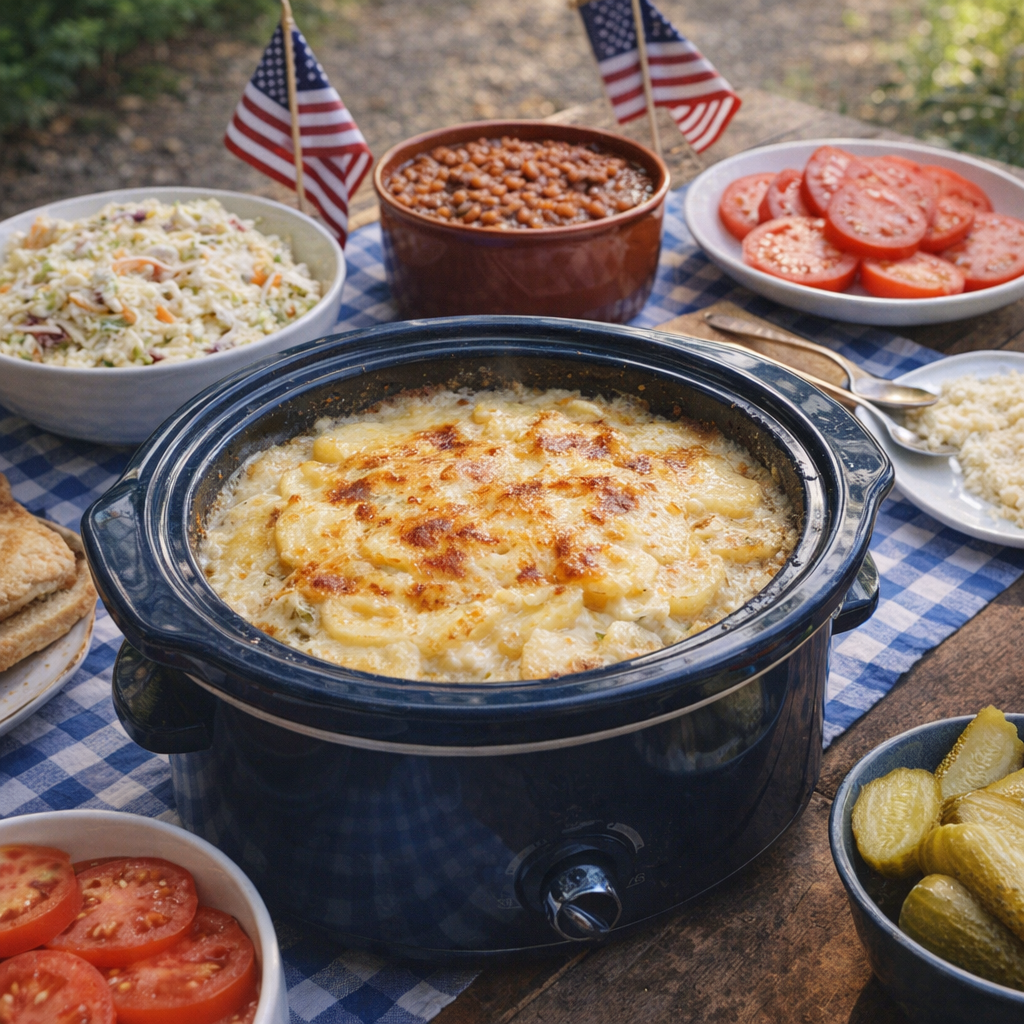 Fourth of July buffet with scalloped potatoes and summer sides