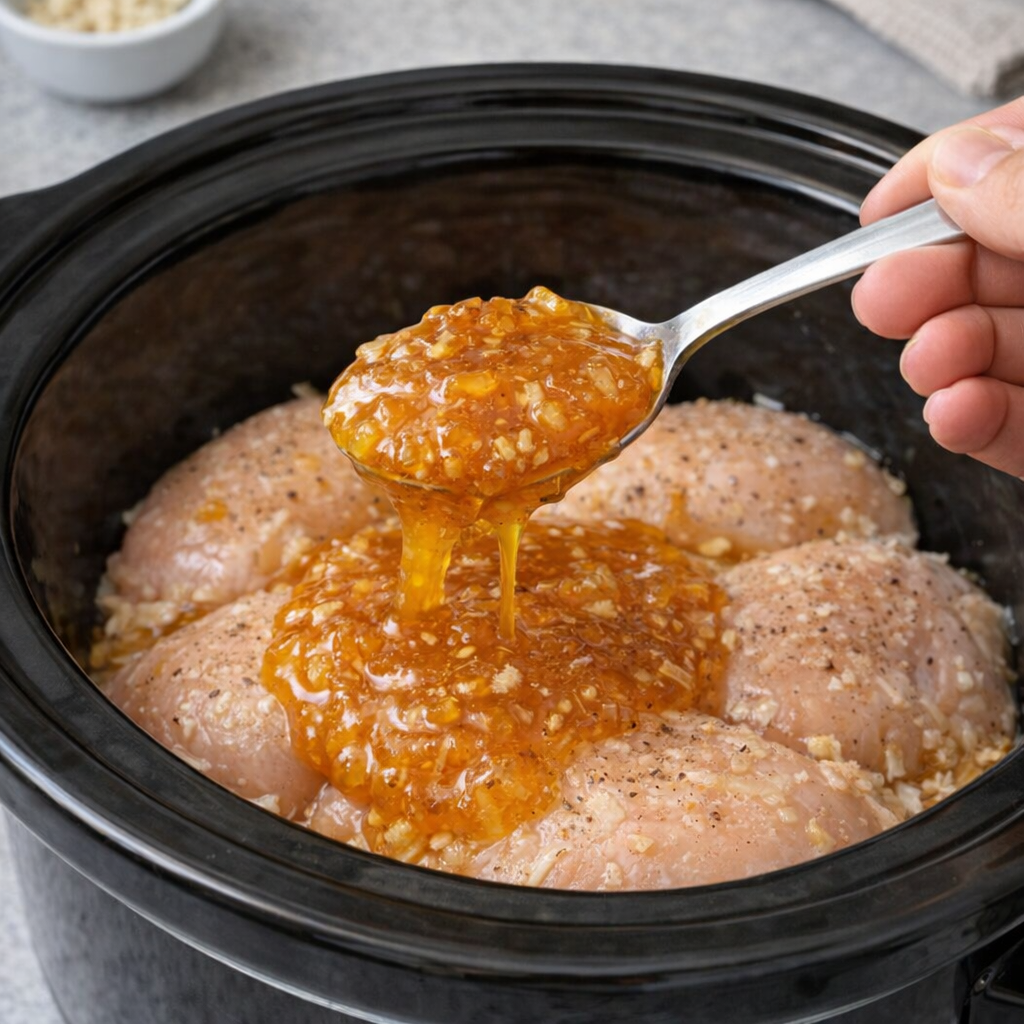 Apricot sauce being spooned over chicken in the slow cooker