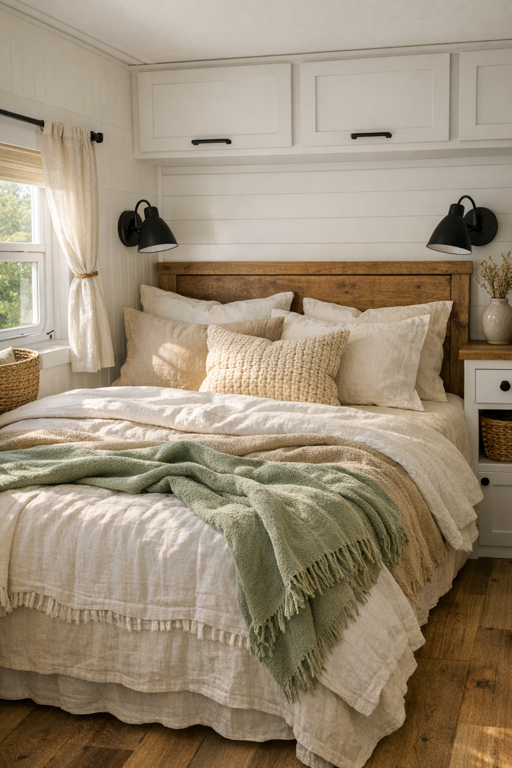 Calm farmhouse bedroom with layered neutral bedding, built-in storage, and sage accents