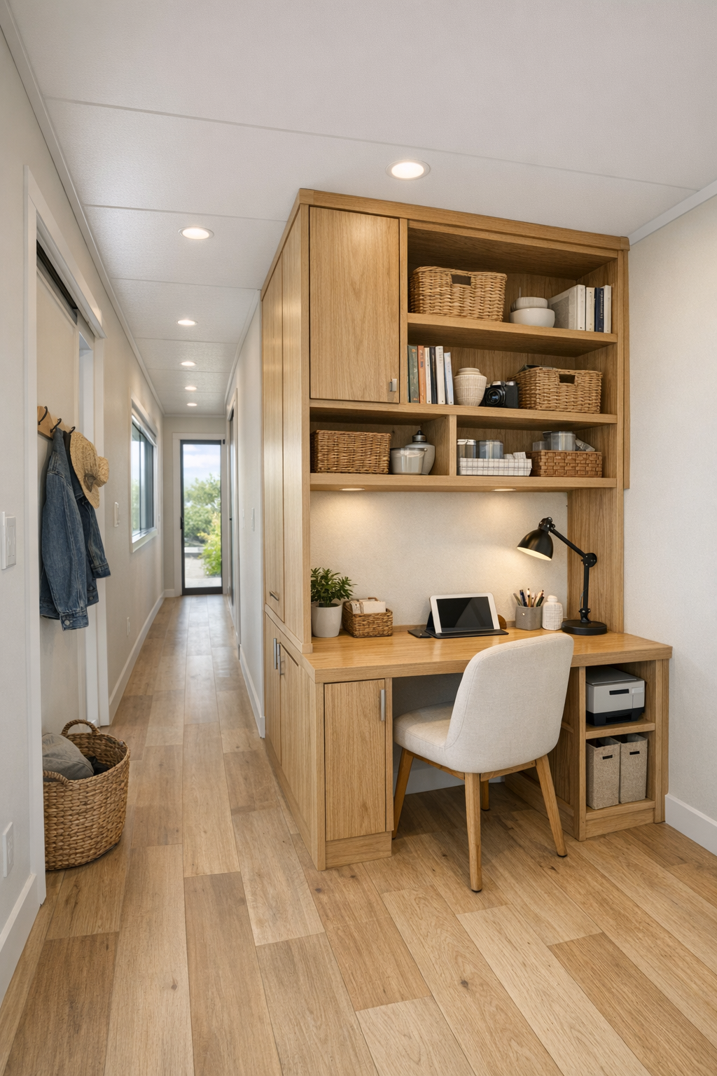 Bright hallway and multi-use nook with built-in storage, a small desk, and warm wood finishes