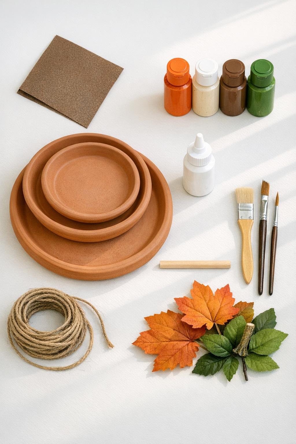 Clay saucers, paint, glue, and pumpkin decor supplies laid out together