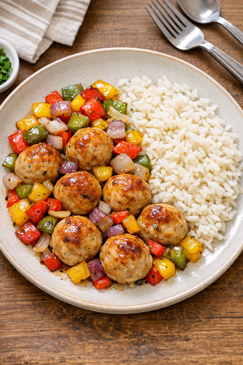 Finished baked chicken meatballs with roasted peppers and onions on a sheet pan