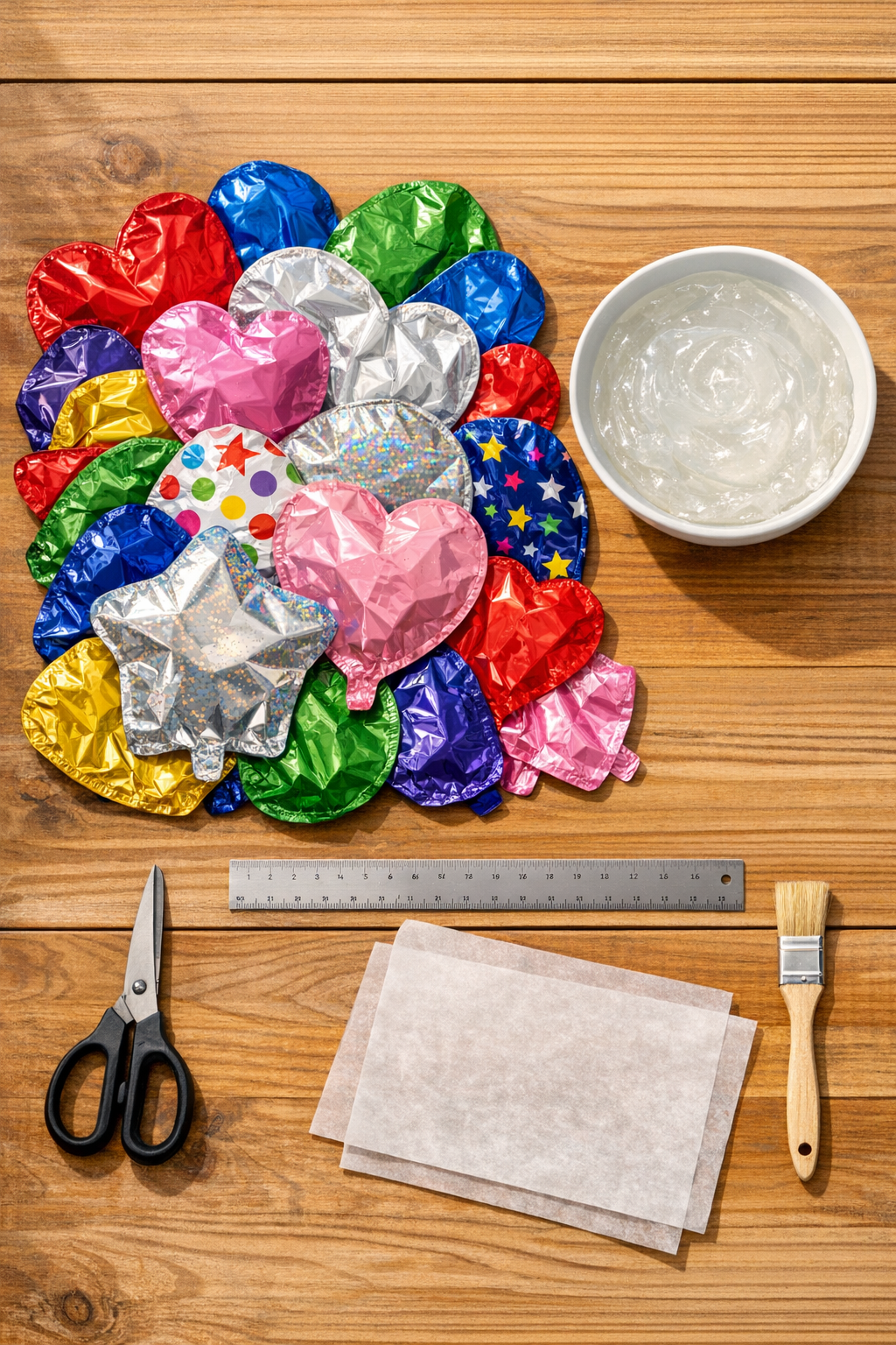 Deflated mylar balloons and paste ingredients laid out on a table