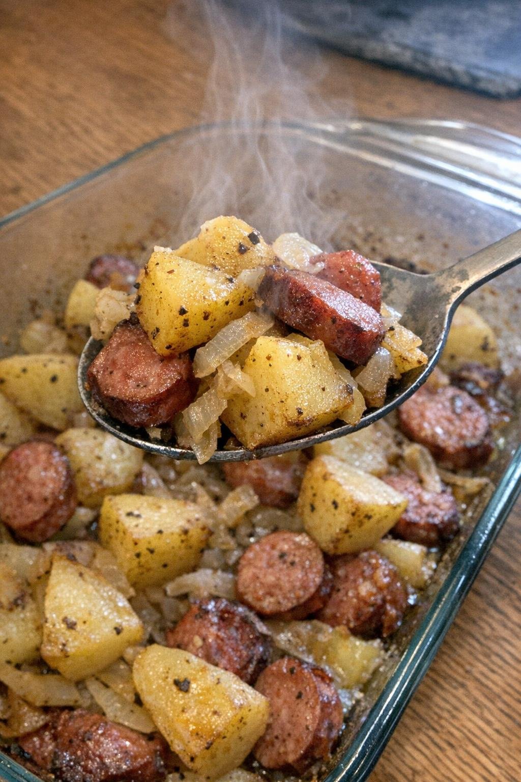 Golden roasted potatoes and smoky sausage in a glass baking dish