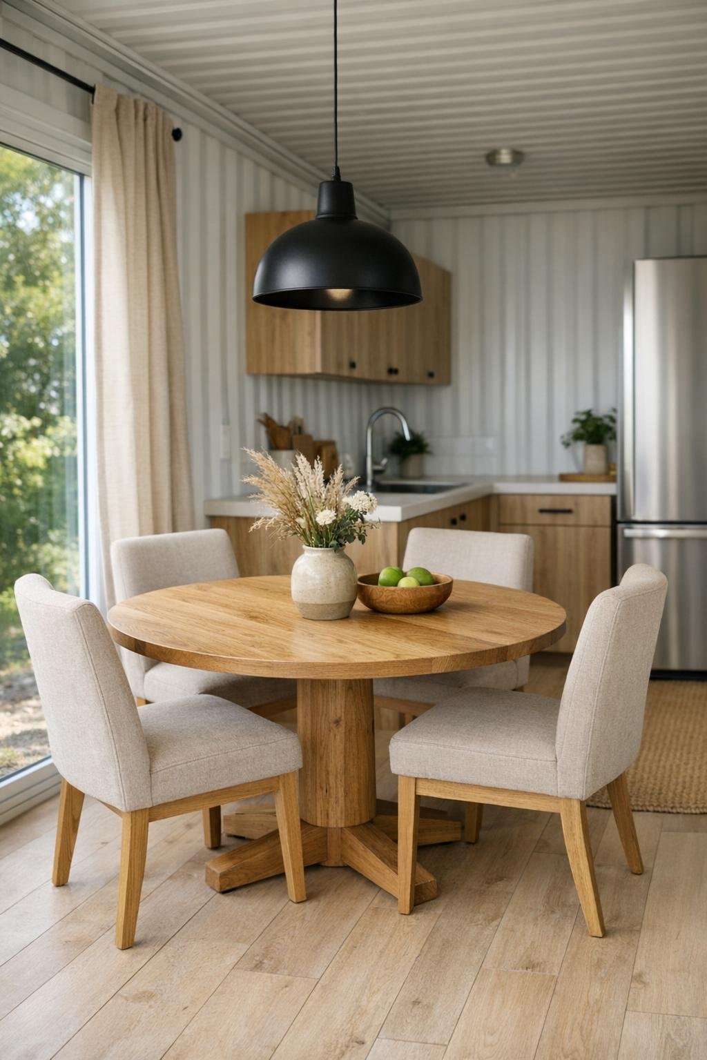 Small modern dining area in a container home with a round oak table and soft neutral chairs