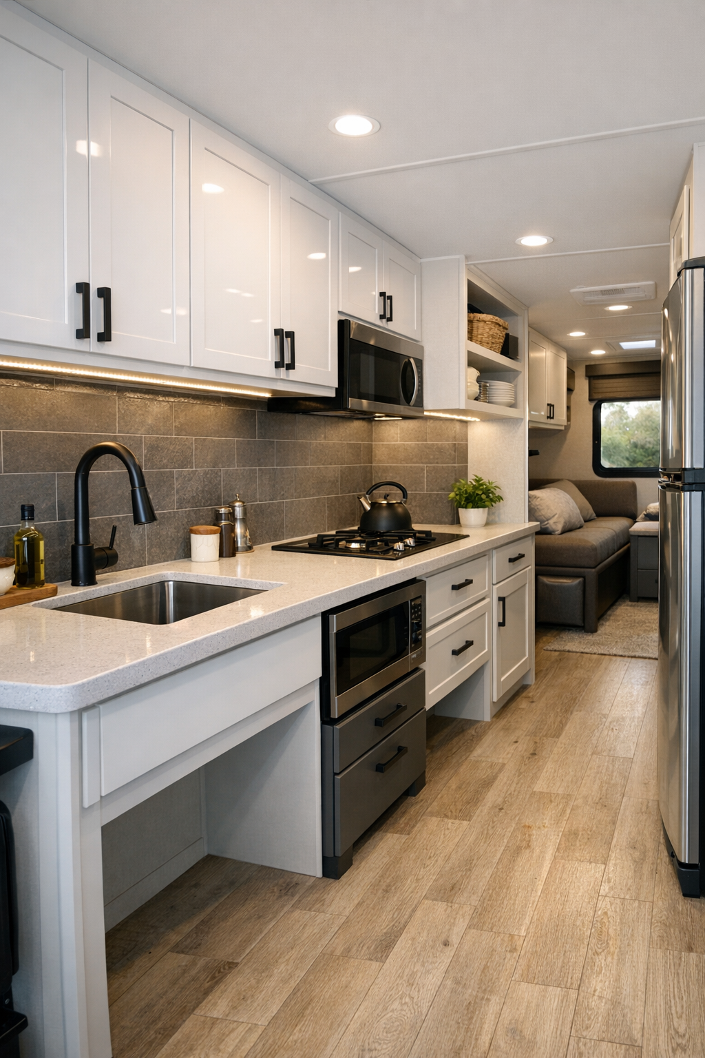 Accessible RV camper kitchen with gloss white cabinets, light countertops, and slate backsplash
