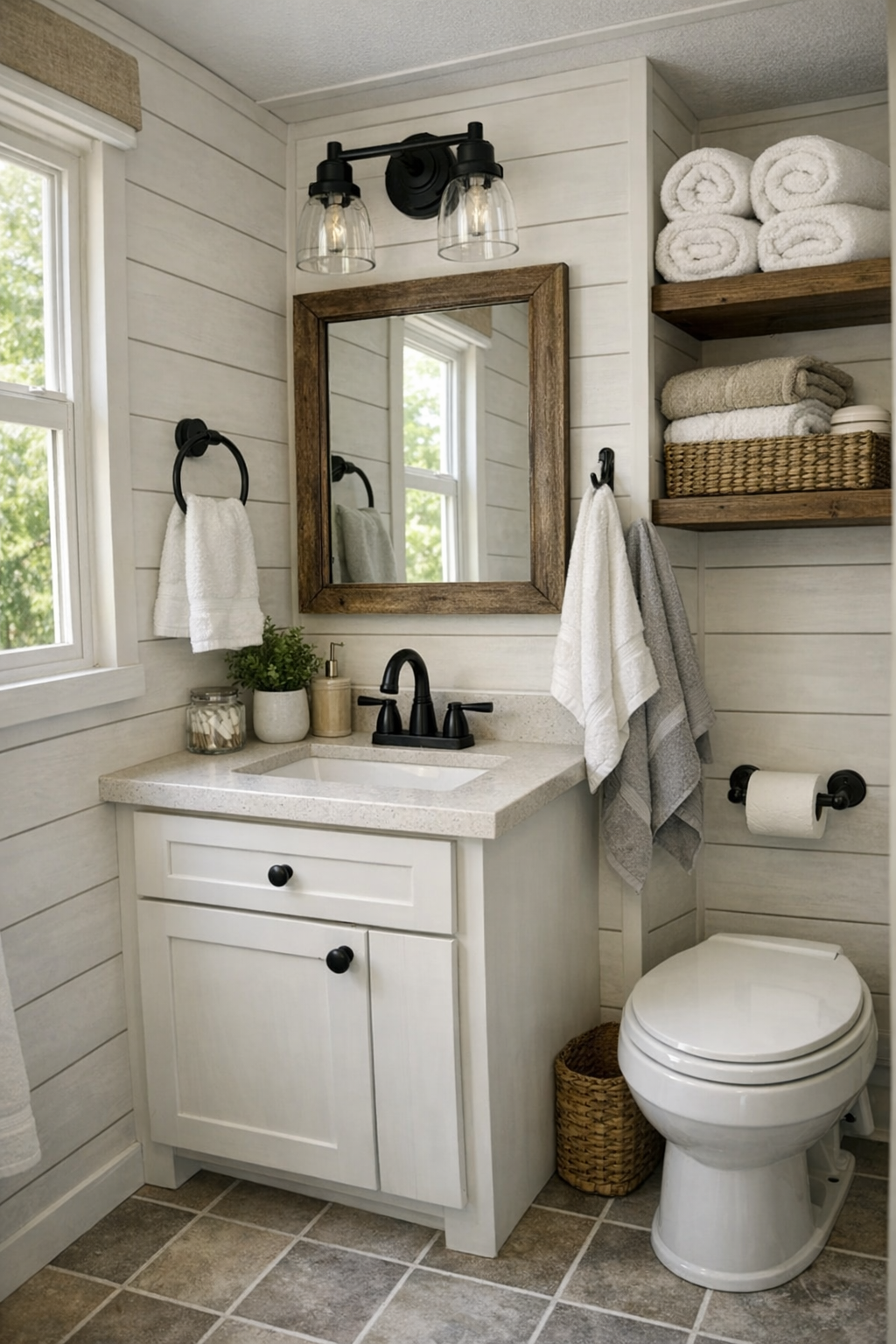 Fresh farmhouse bathroom with a compact vanity, simple tile, and bright clean finishes