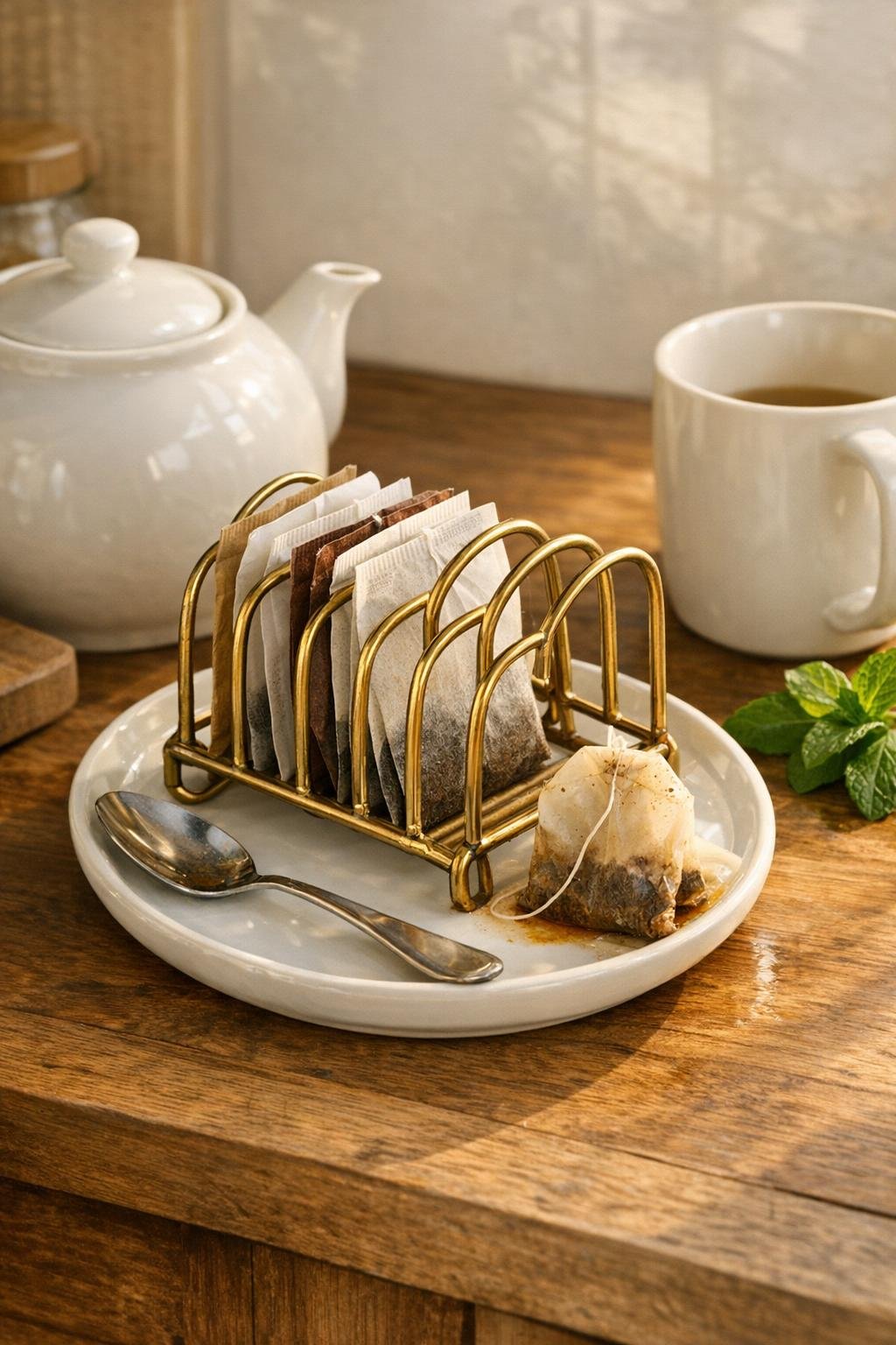 Finished tea bag station on a kitchen counter