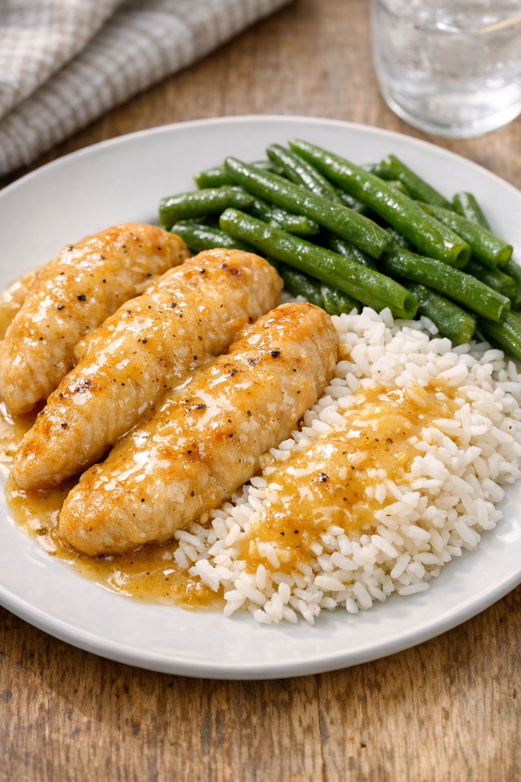 Baked chicken tenderloins in creamy golden sauce on a dinner plate