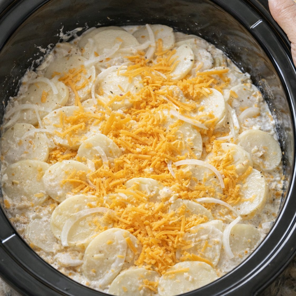 Layered potatoes and cheese inside a slow cooker