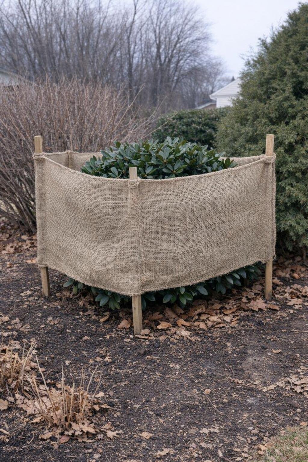 Burlap windscreen protecting a shrub in winter