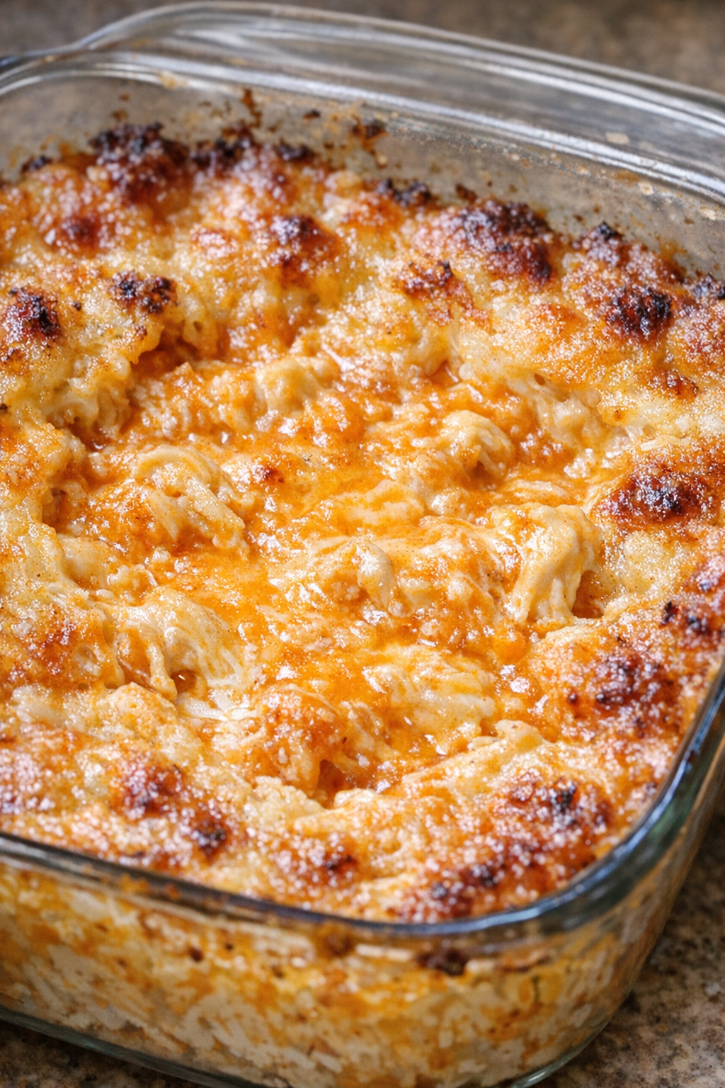 Southern 4-ingredient buffalo chicken dip in a glass casserole dish