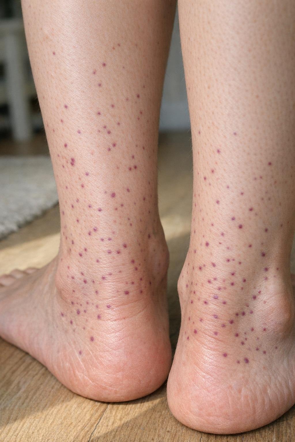 Adult lower legs with tiny purple spots near the ankles