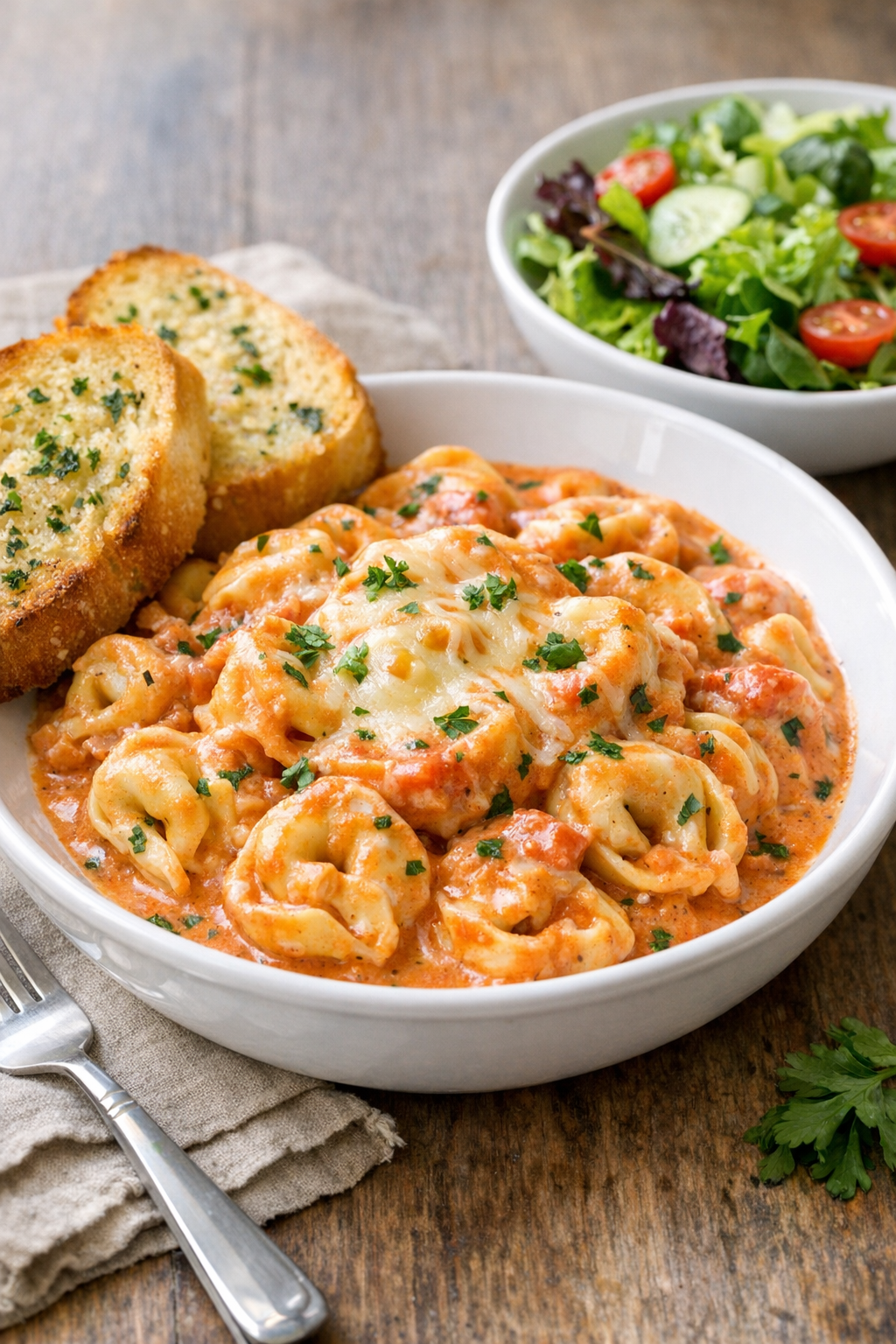 Plated cheesy tortellini with salad and bread
