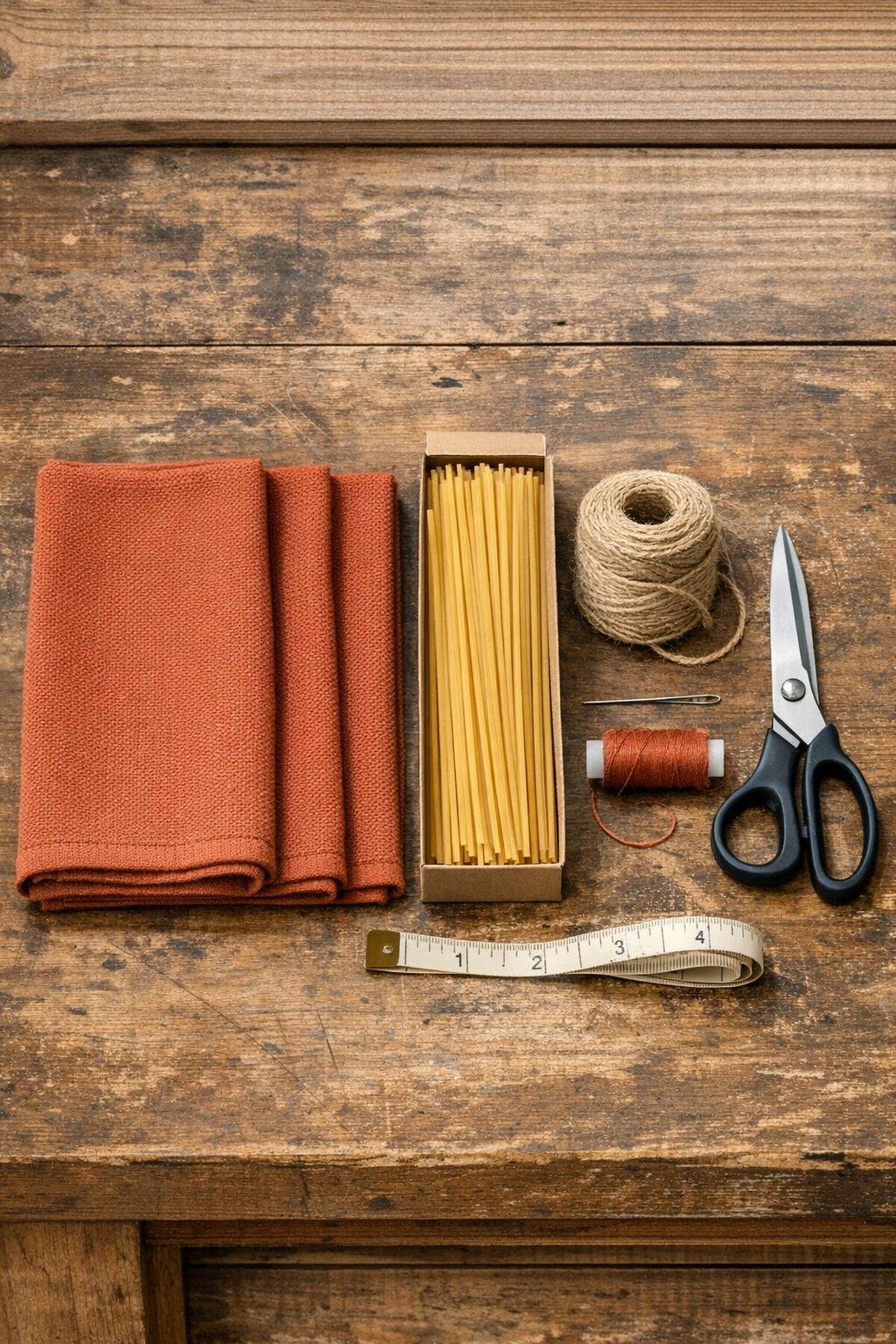 Materials laid out for a braided towel door draft stopper