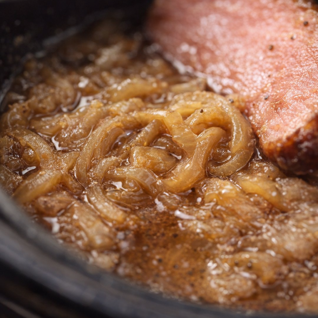 Close-up of caramelized onions and ham juices in the cooker