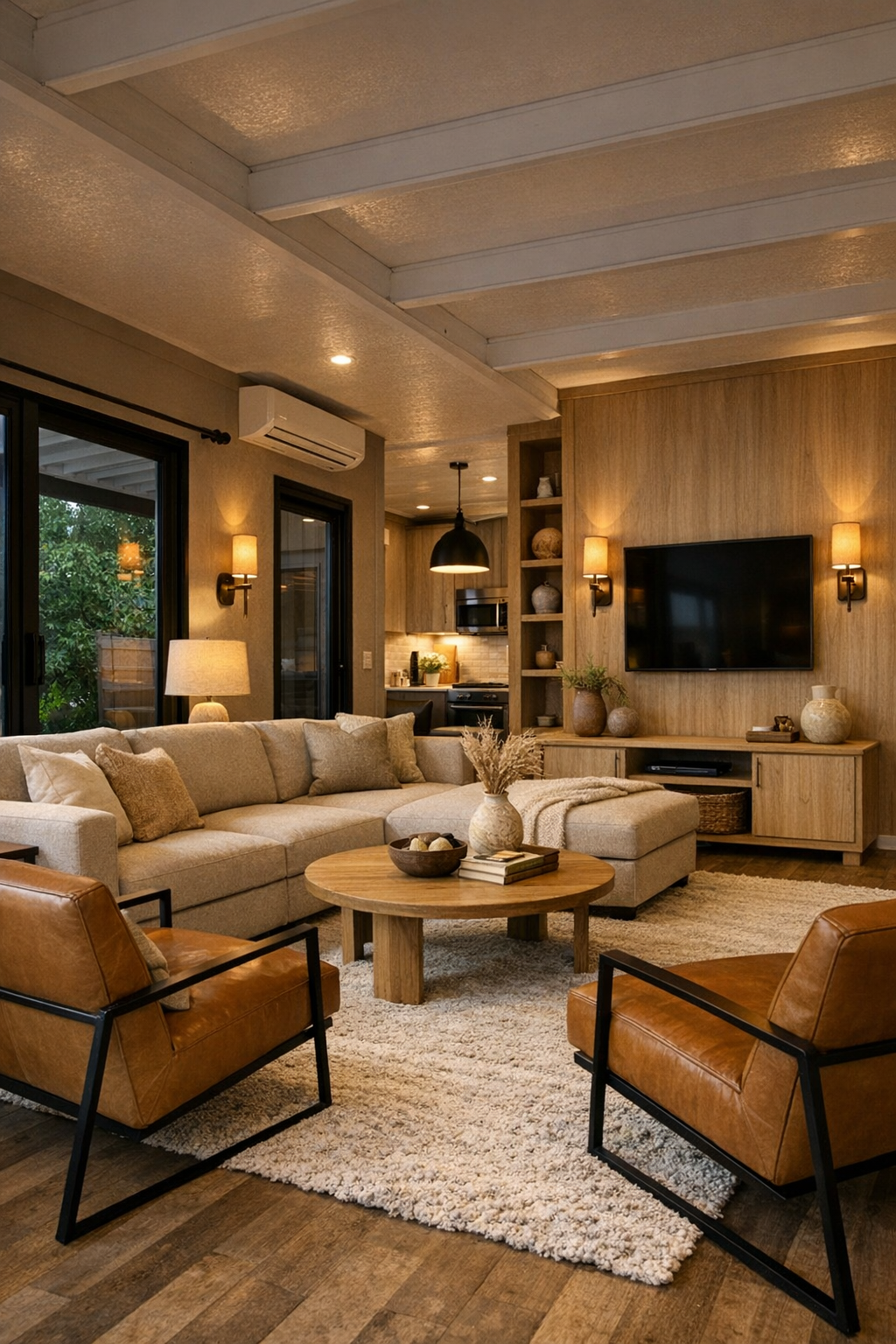 Warm taupe accessible container home living room with oatmeal sectional and oak finishes