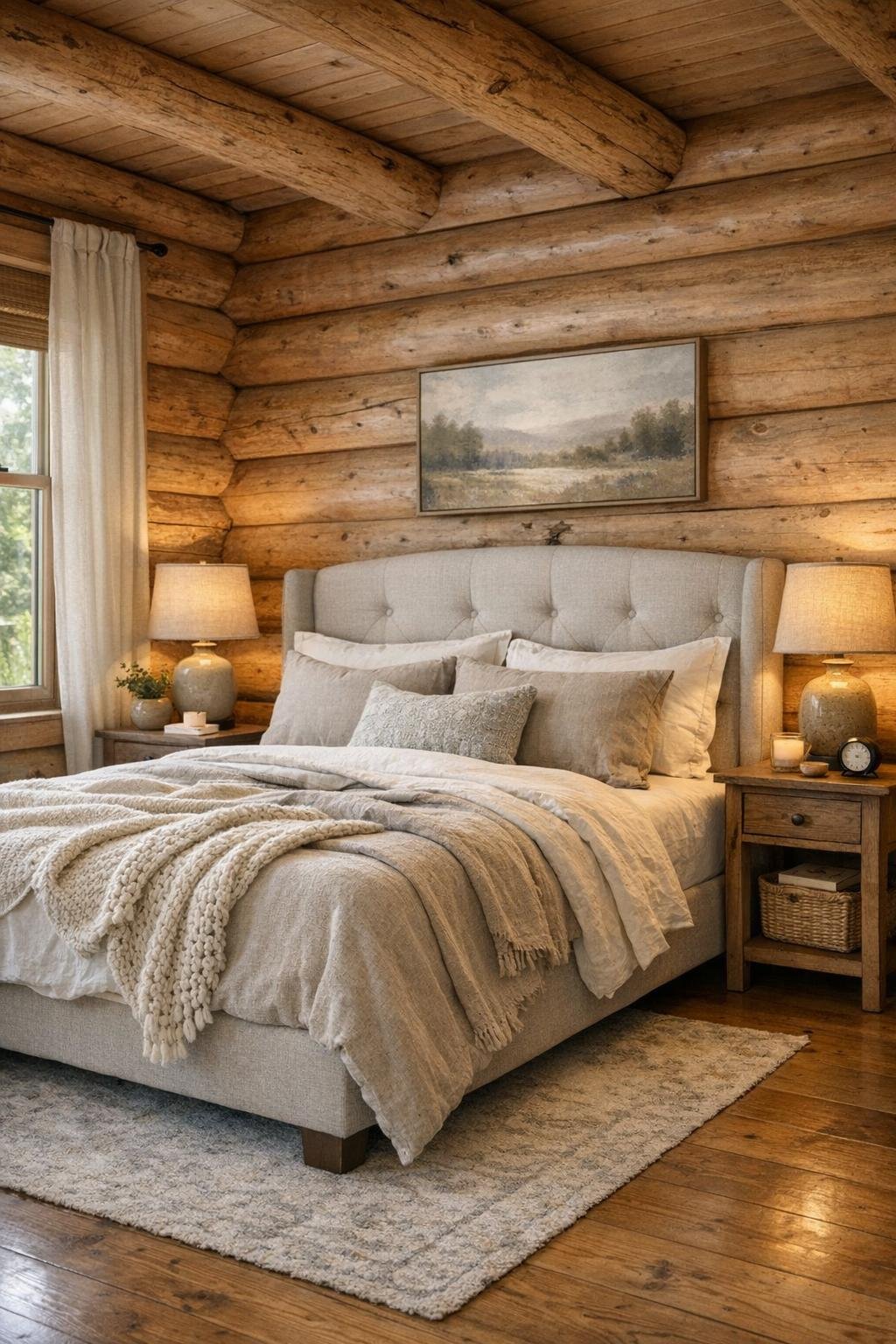 Serene bedroom with log walls, upholstered bed, and layered neutral bedding
