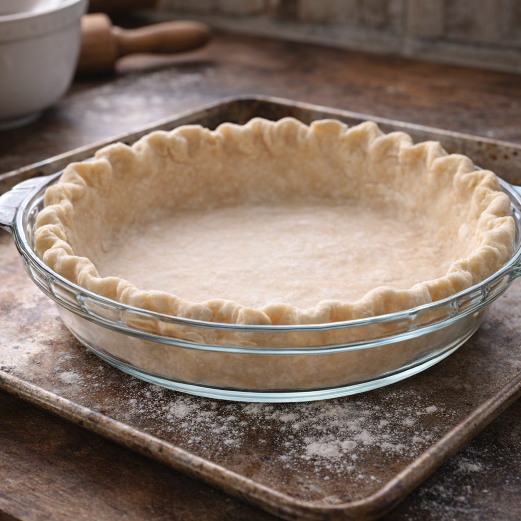 Unbaked pie crust in a glass plate on a baking sheet