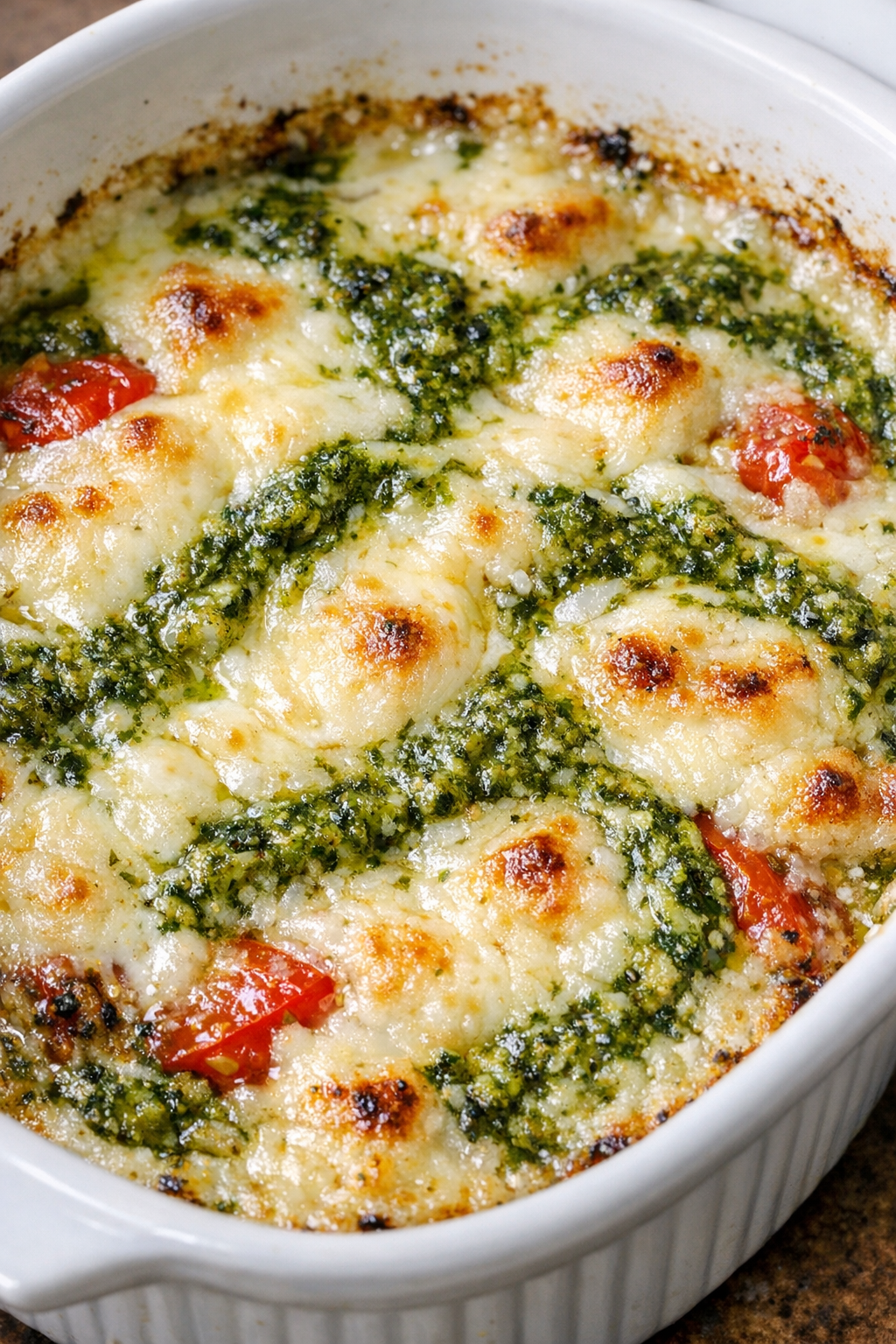 Low carb 3-ingredient pesto mozzarella bakes fresh from the oven