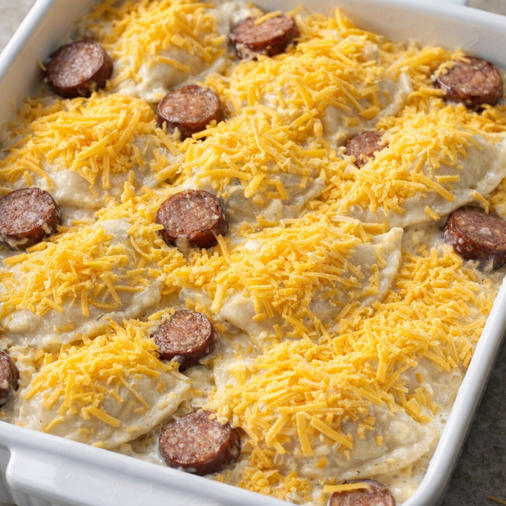 Cheddar-topped casserole ready for the oven