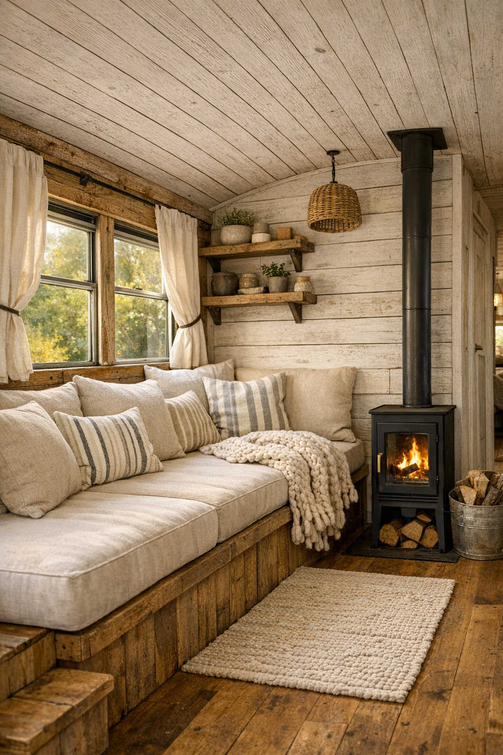 Rustic bus living room with built-in bench seating and wood stove