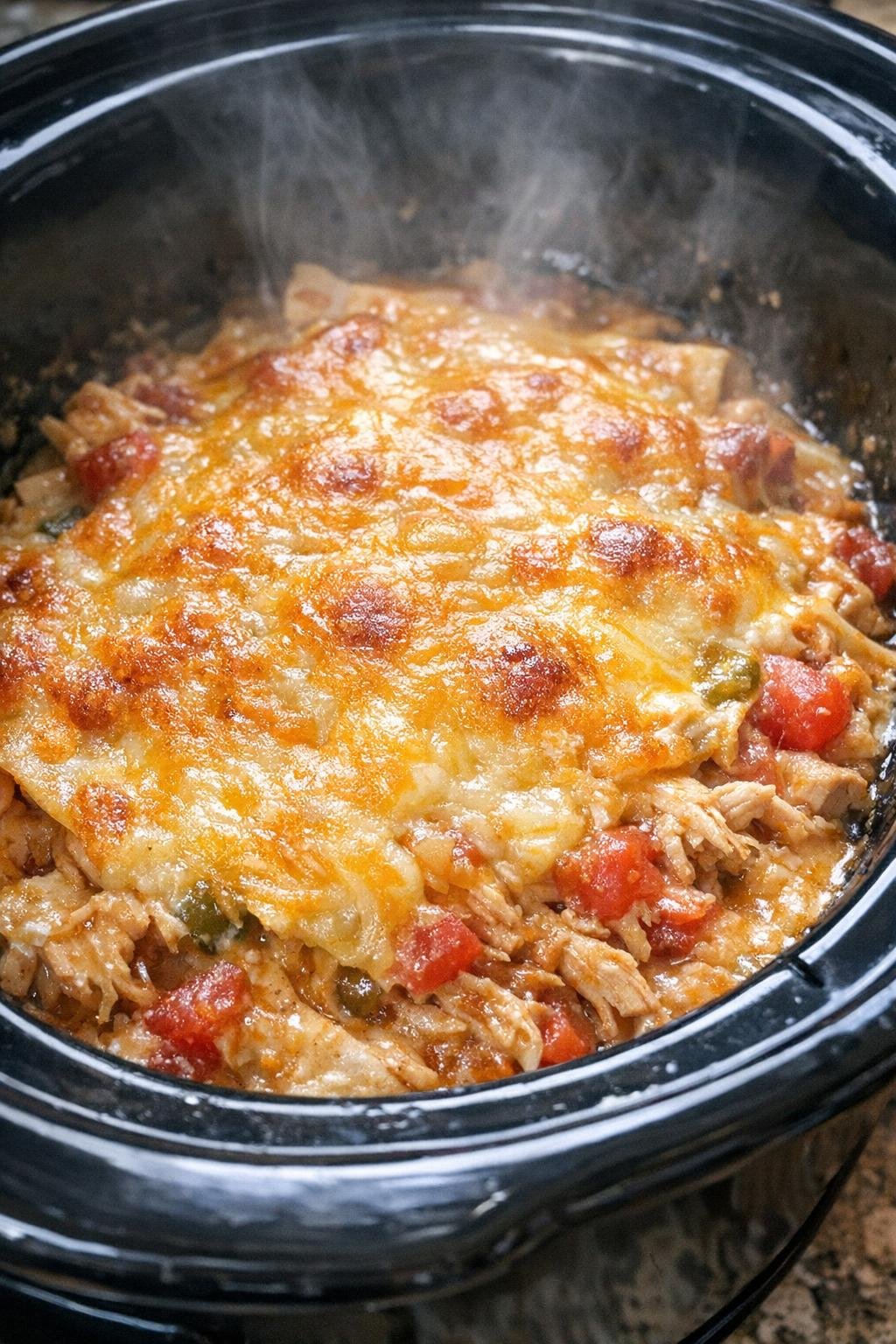 King Ranch chicken casserole in a black slow cooker