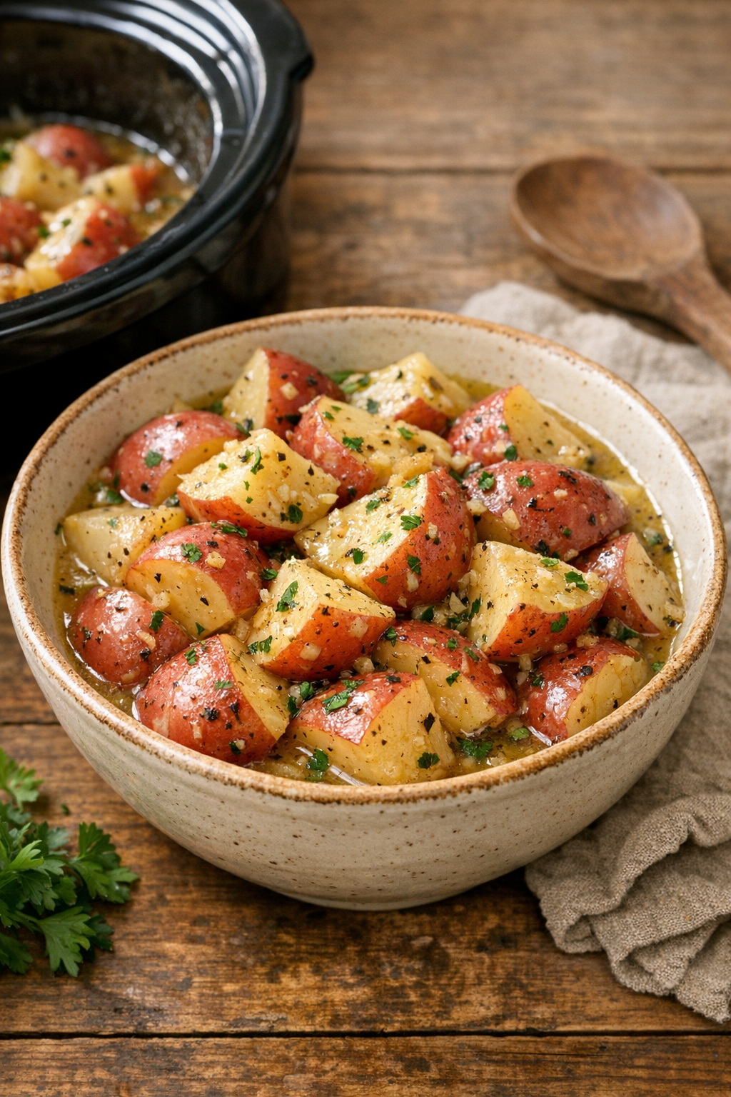 Finished slow cooker red potatoes in a serving bowl