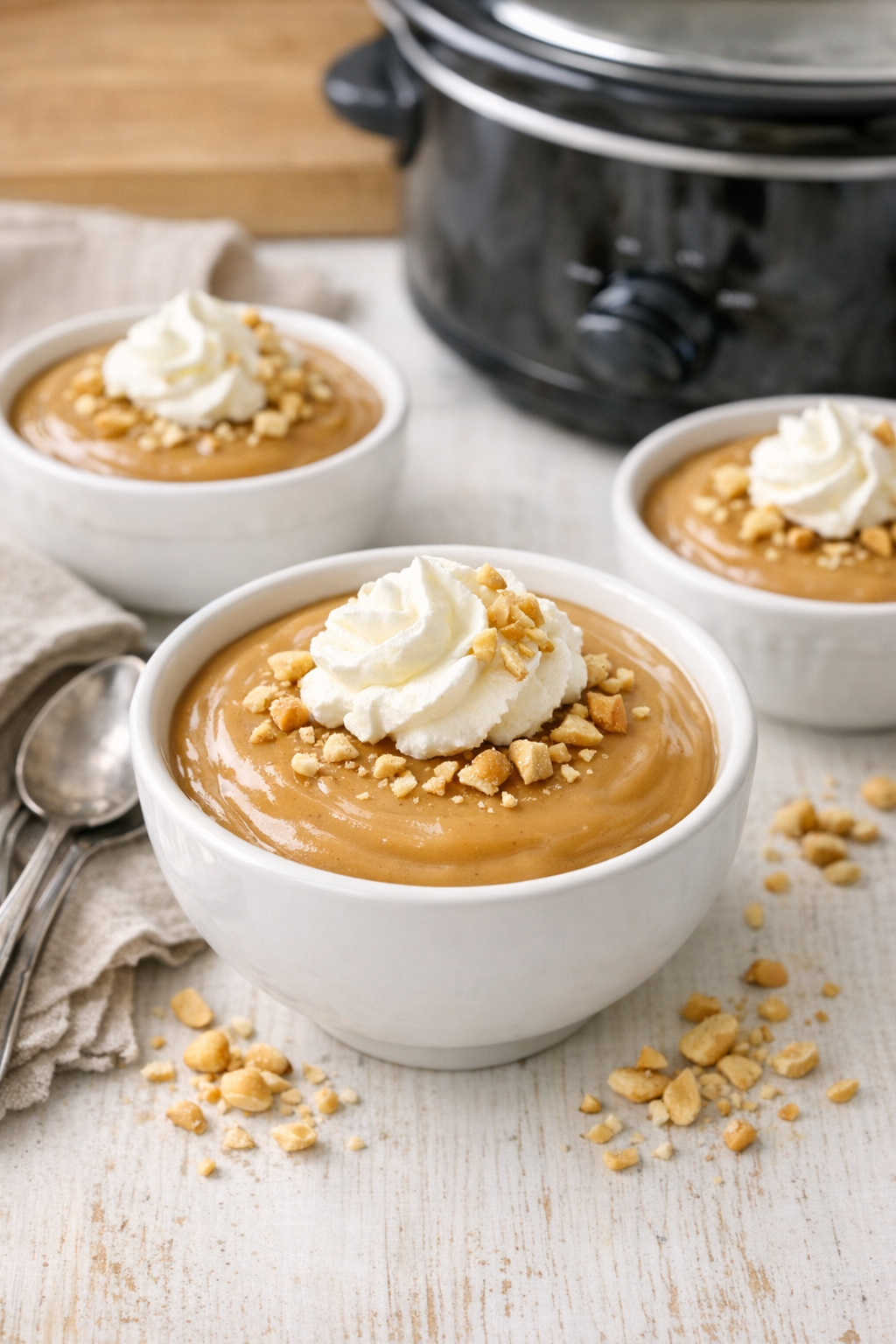 Finished peanut butter pudding in dessert bowls