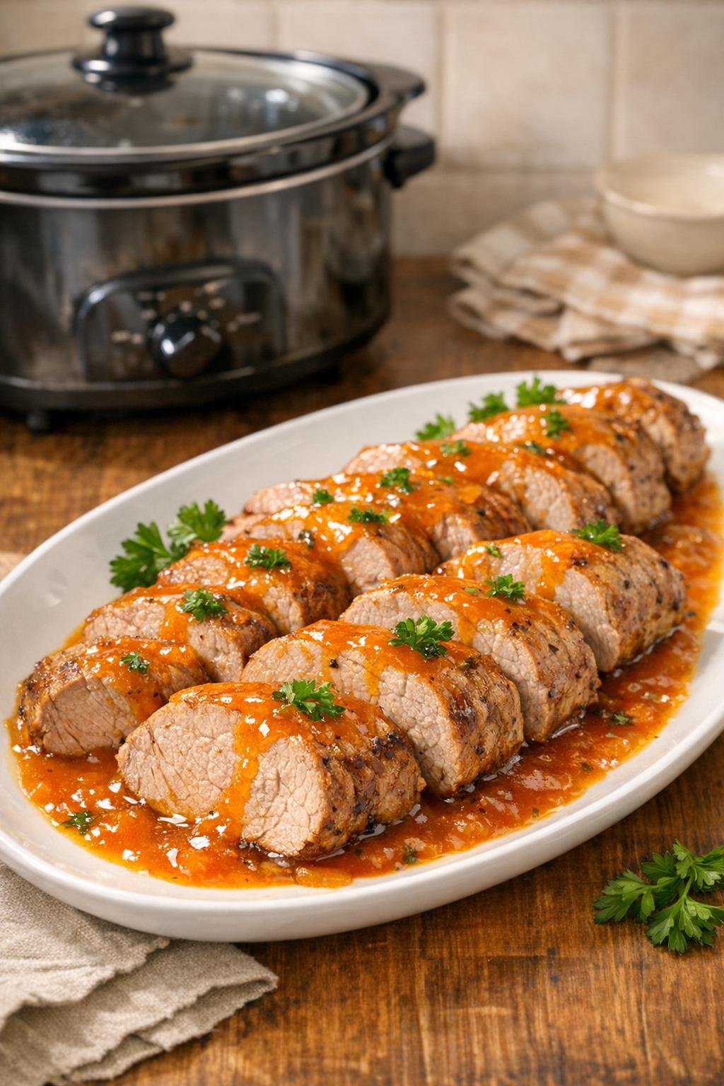 Finished sliced pork tenderloin on a platter with glossy orange sauce